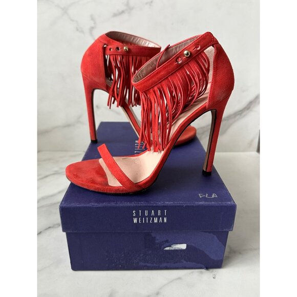 STUART WEITZMAN Red Suede Fringe Ankle Strap Heels Size 7.5 - Picture 1 of 9